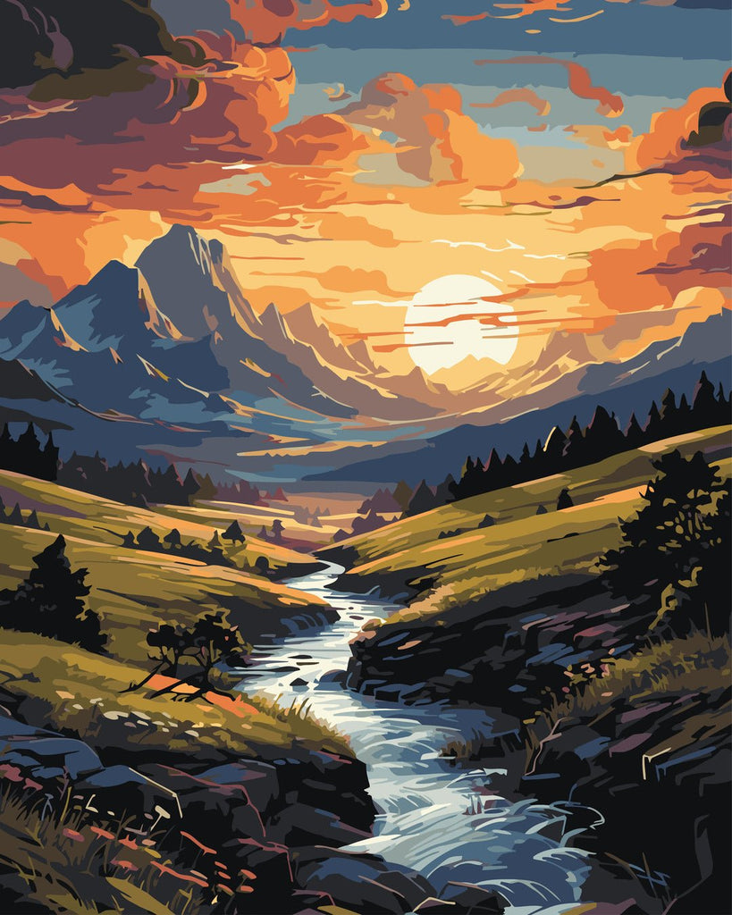 Apus în munți (Mountains sunset) - Pictură pe numere - Pictorul Fericit