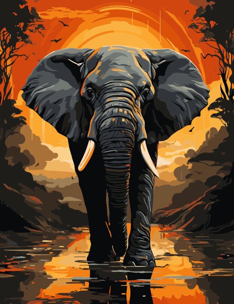 Elefant la apus (Elephant at sunset) - Pictură pe numere - Pictorul Fericit