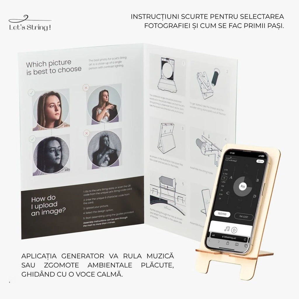 Kit creativ tablou personalizat, din ață, Let’s String, cu aplicație și ghid vocal - Pictorul Fericit