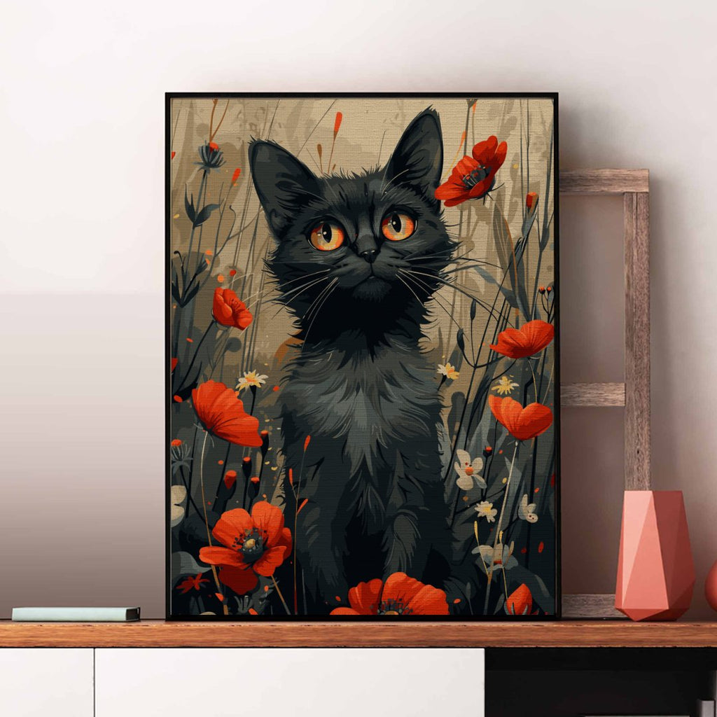 Pisică printre maci (Cat among poppies) - Pictură pe numere - Pictorul Fericit