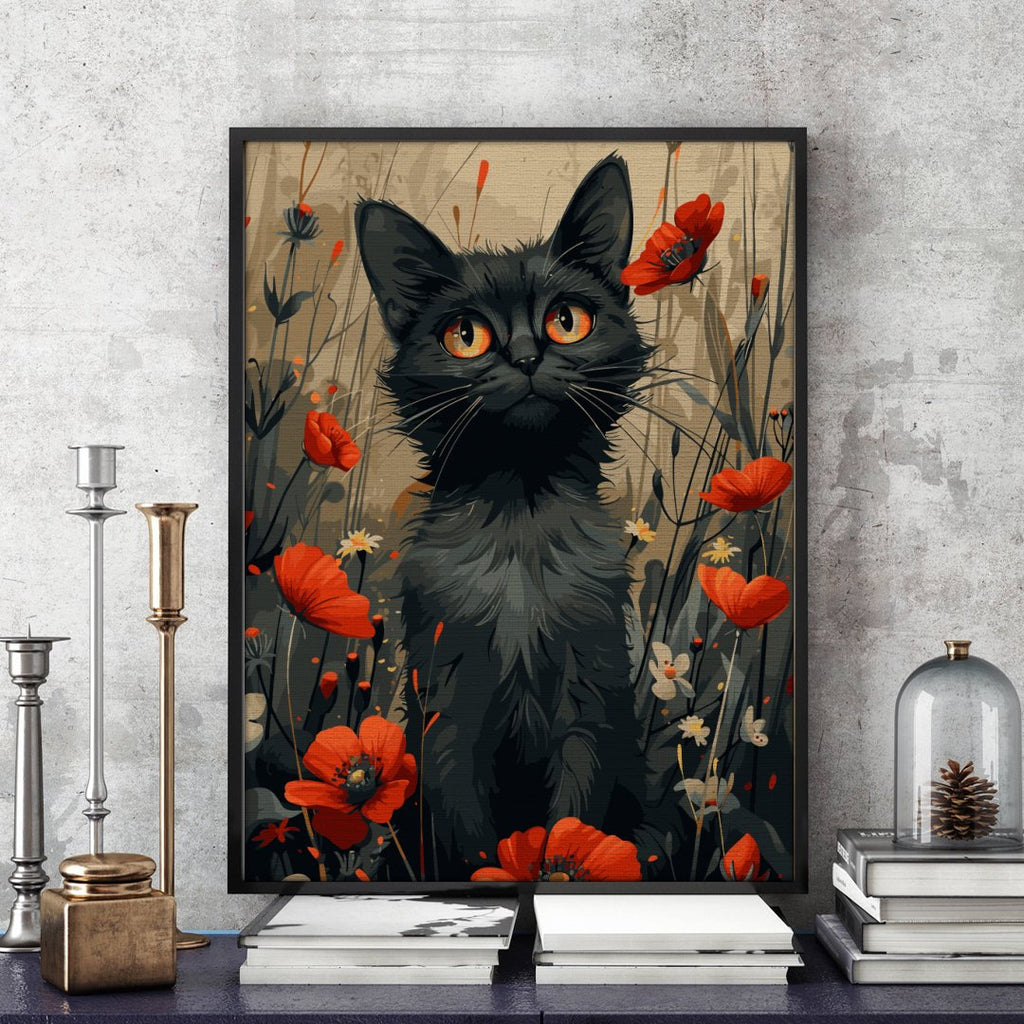 Pisică printre maci (Cat among poppies) - Pictură pe numere - Pictorul Fericit