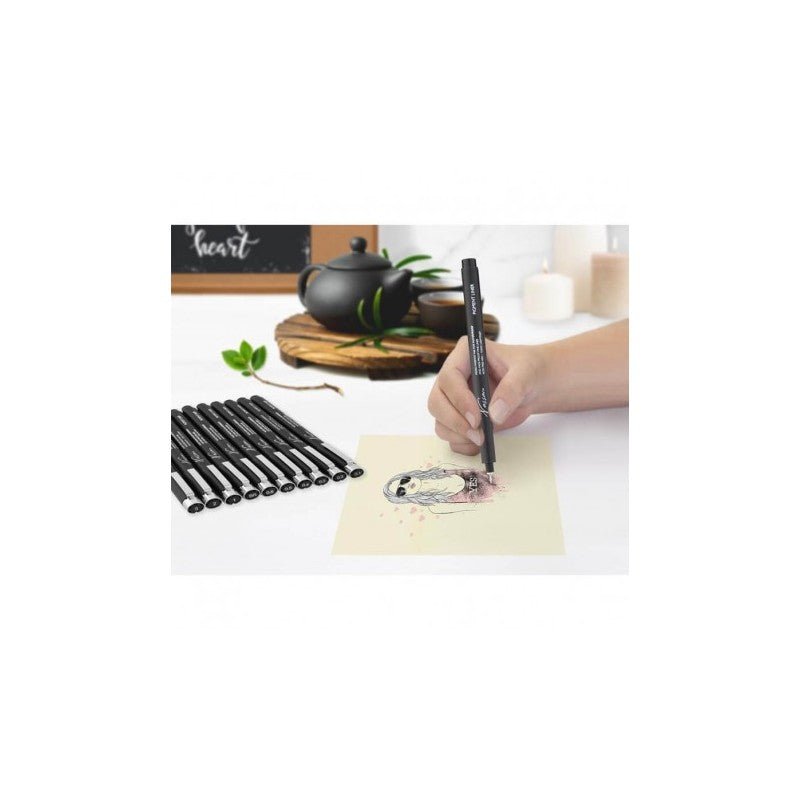 Set 10 fineliners Nassau Fine Art, vârf subțire diferite grosimi, uscare rapidă, culoare neagră - Pictorul Fericit