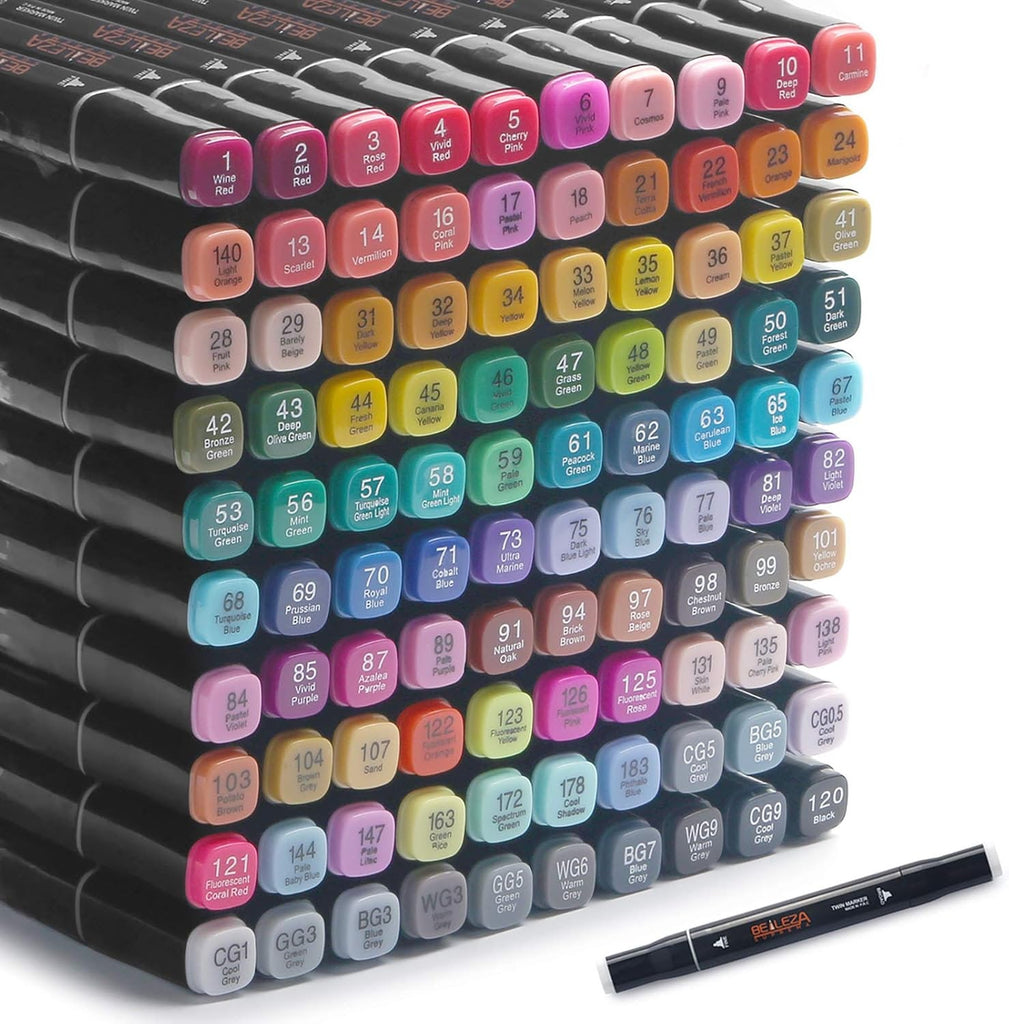 Set 100 markere permanente Belleza Suprema, dublu vârf, uscare rapidă - Pictorul Fericit