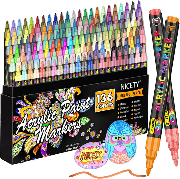 Set 136 Markere acrilice Nicety, vârf extra fin 0,7 mm, netoxice - Pictorul Fericit