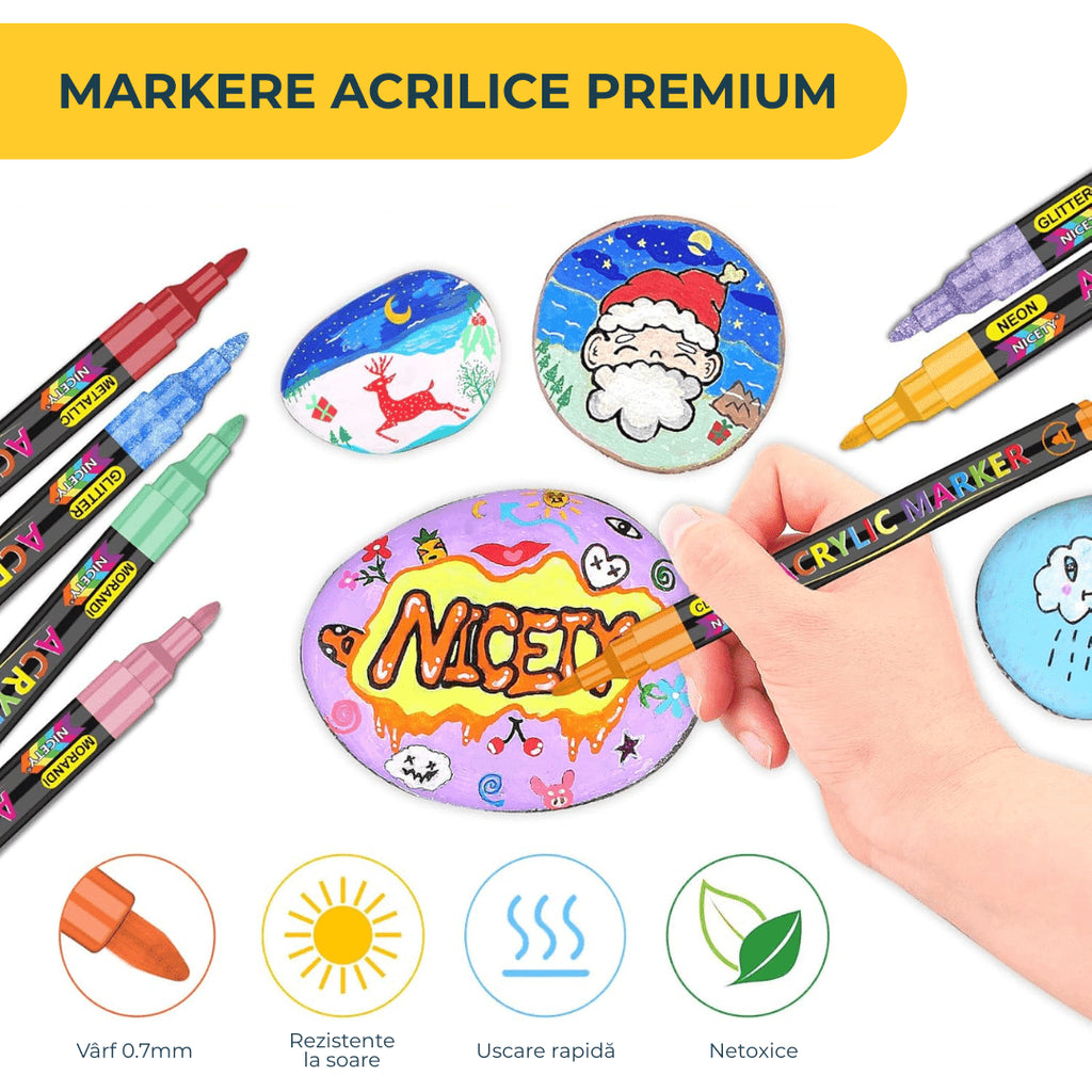 Set 136 Markere acrilice Nicety, vârf extra fin 0,7 mm, netoxice - Pictorul Fericit