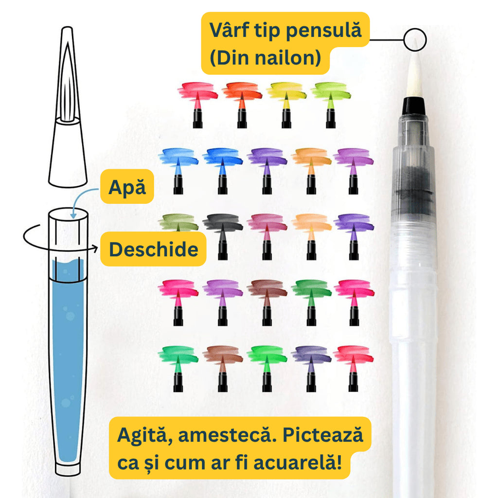 Set 24+1, marker cu vârf tip pensulă Amteker și pensulă cu rezervor de apă - Pictorul Fericit