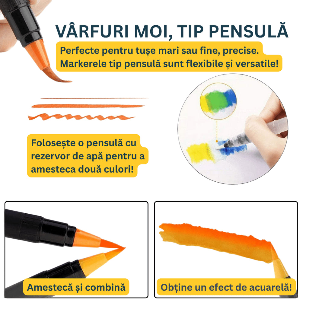 Set 24+1, marker cu vârf tip pensulă Amteker și pensulă cu rezervor de apă - Pictorul Fericit