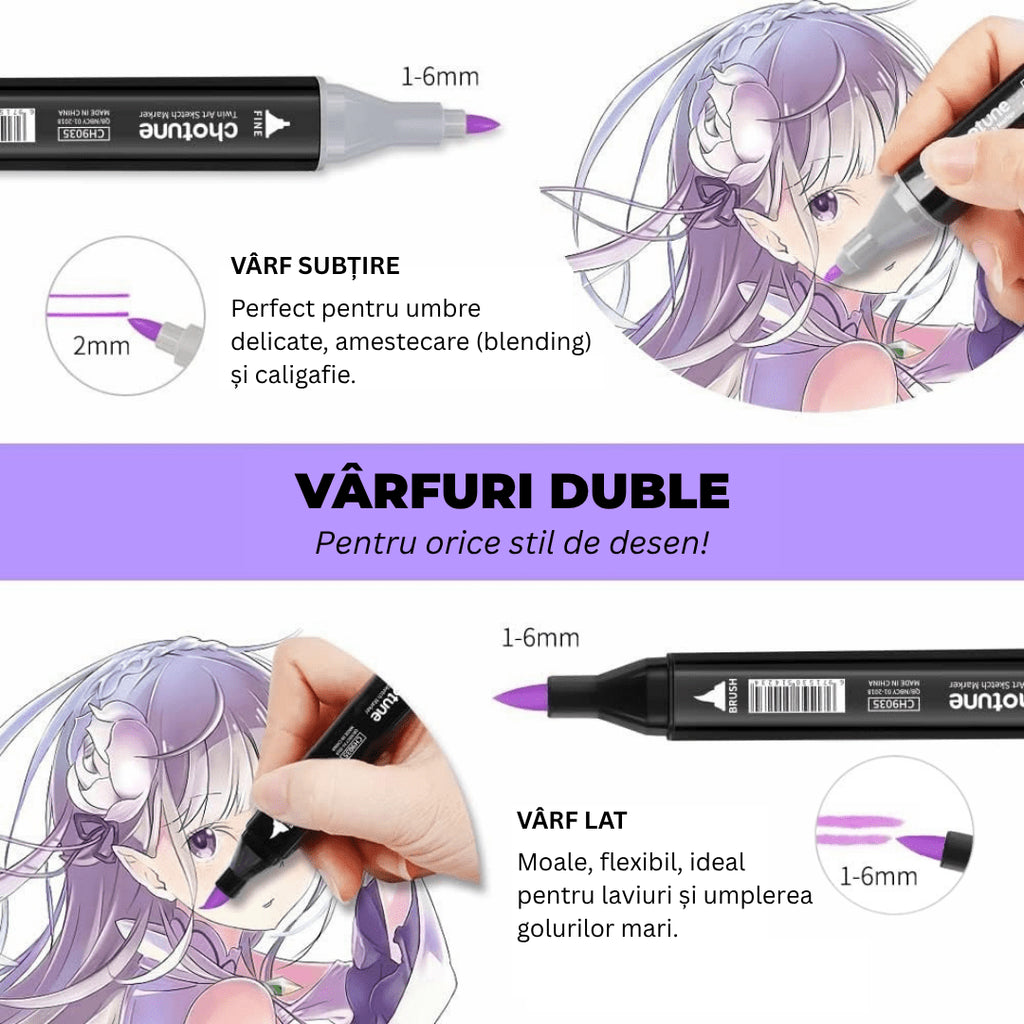 Set 40 markere netoxice Chotune, două capete, vârf subțire - Pictorul Fericit