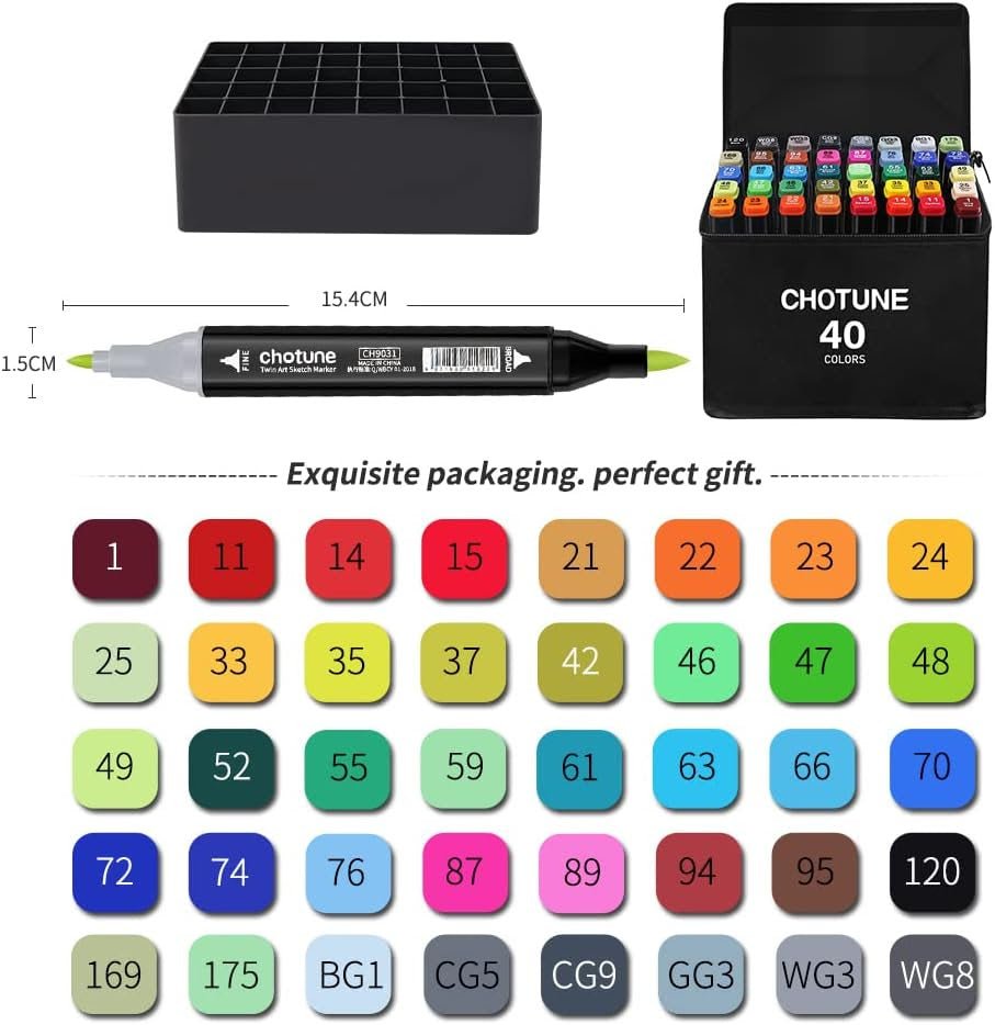 Set 40 markere netoxice Chotune, două capete, vârf subțire - Pictorul Fericit