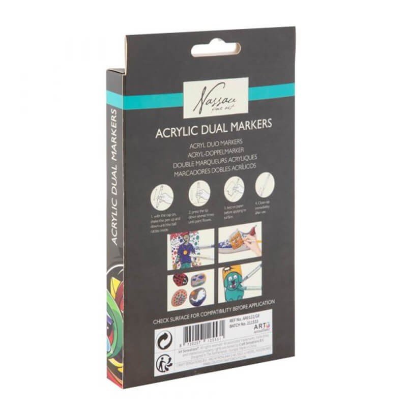 Set 6 markere acrilice Nassau Fine Art, vârf dublu, rezistente la apă - Pictorul Fericit