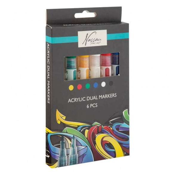 Set 6 markere acrilice Nassau Fine Art, vârf dublu, rezistente la apă