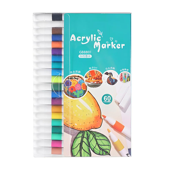 Set 60 de markere acrilice Bliibee, vârf rotund 1 mm, netoxice - Pictorul Fericit