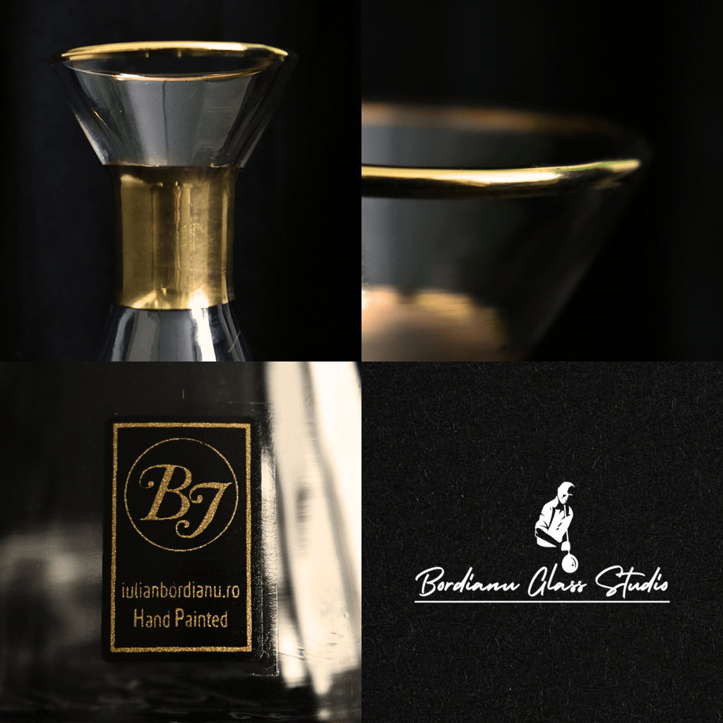 Vază decorativă de lux, din sticlă transparentă, lucrată manual, inserții gold - ediție limitată - Pictorul Fericit
