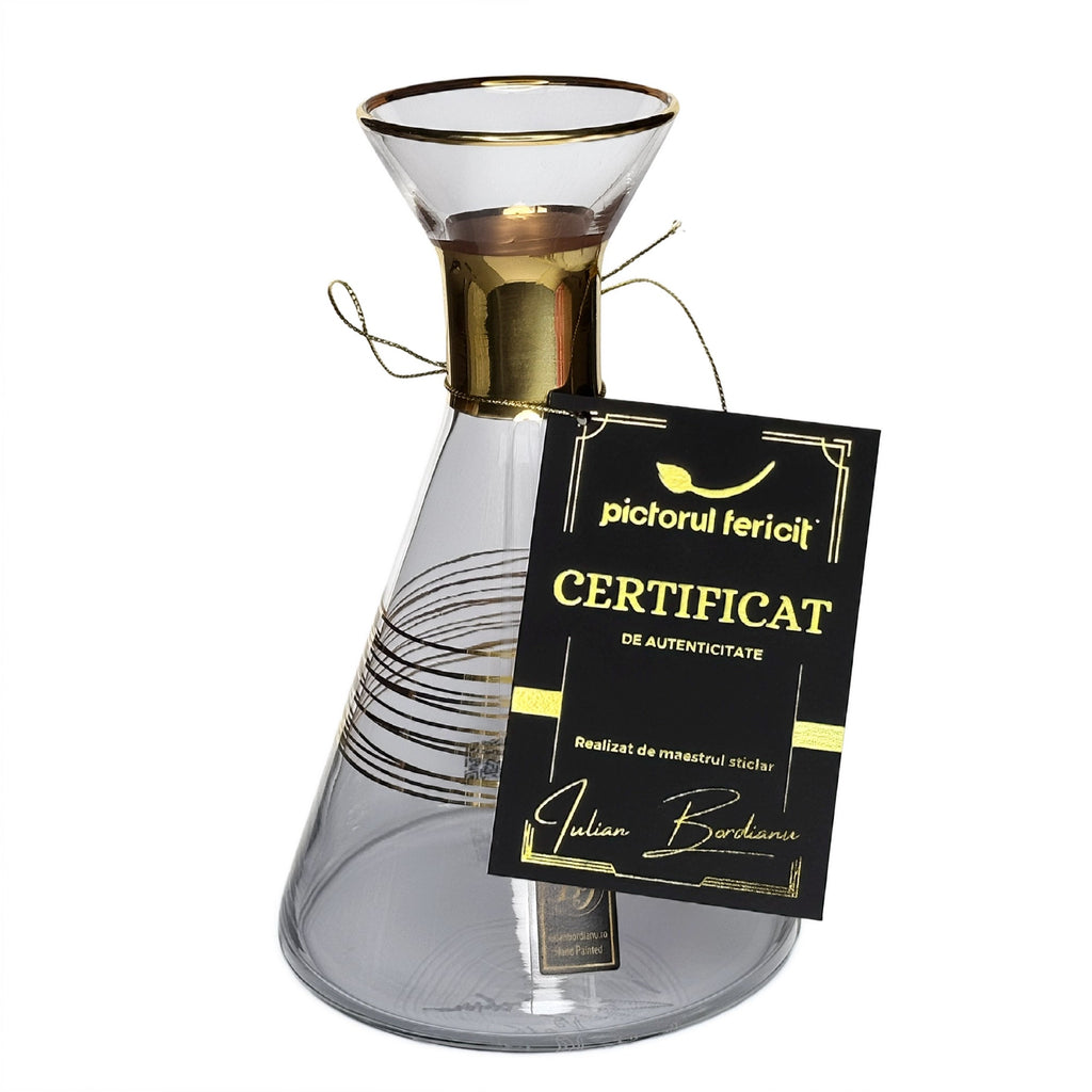 Vază decorativă de lux, din sticlă transparentă, lucrată manual, inserții gold - ediție limitată - Pictorul Fericit