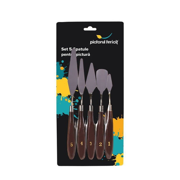 Set 5 cuțite / spatule pentru pictură, ulei sau acrilic, numerotate, mâner plastic, Pictorul Fericit - Pictorul Fericit