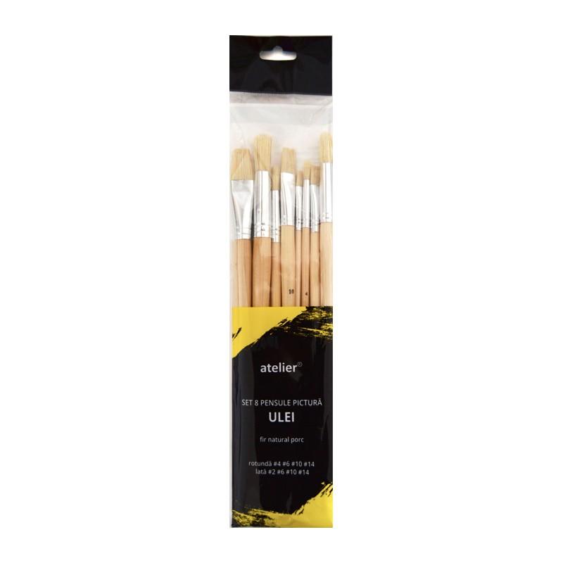 Set pensule, pictură ulei, 8 mărimi diferite, păr natural, porc, Atelier - Pictorul Fericit