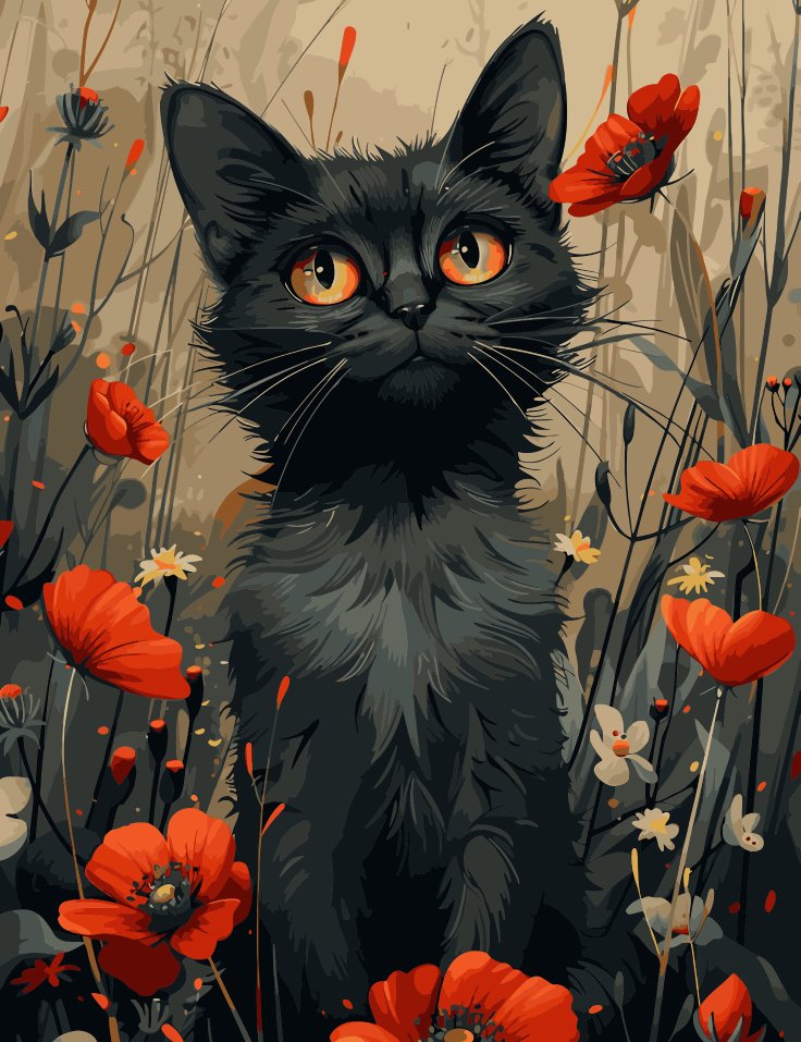Pisică printre maci (Cat among poppies) - Pictură pe numere - Pictorul Fericit