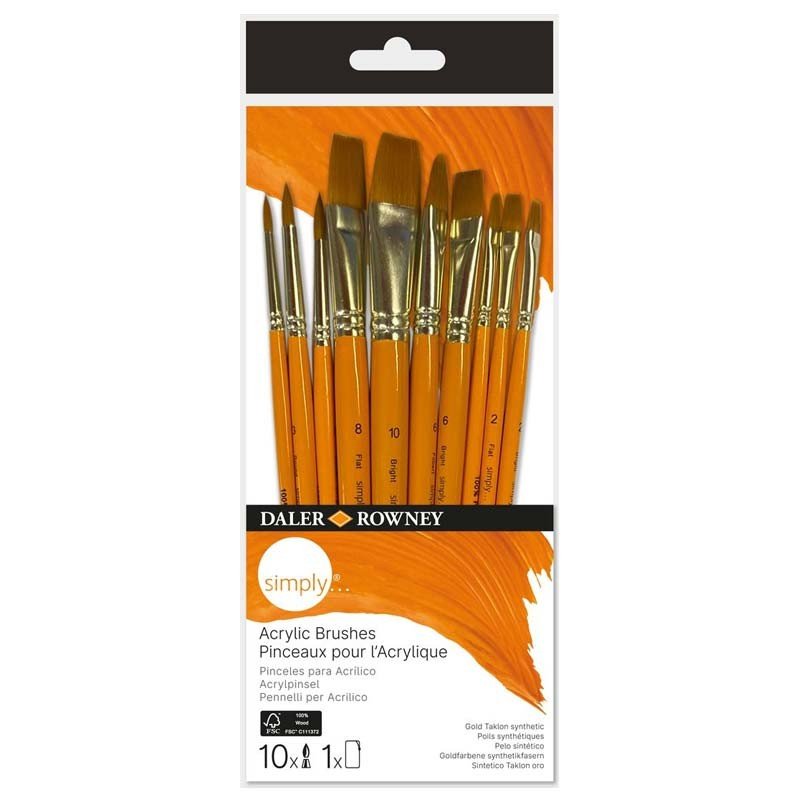 Set 10 pensule pentru pictura acrilică, fir sintetic rezistent, etui inclus, Simply Daler Rowney - Pictorul Fericit