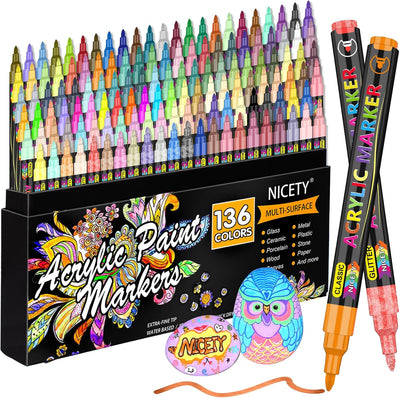 Set 136 Markere acrilice Nicety, vârf extra fin 0,7 mm, netoxice - Pictorul Fericit