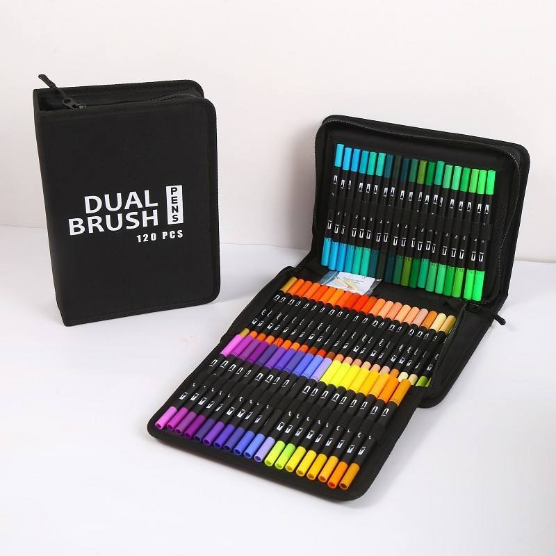 Set 36/100/168 markere permenante pentru desen, cu vârf dublu (liner și pensulă), în husă textilă - Pictorul Fericit