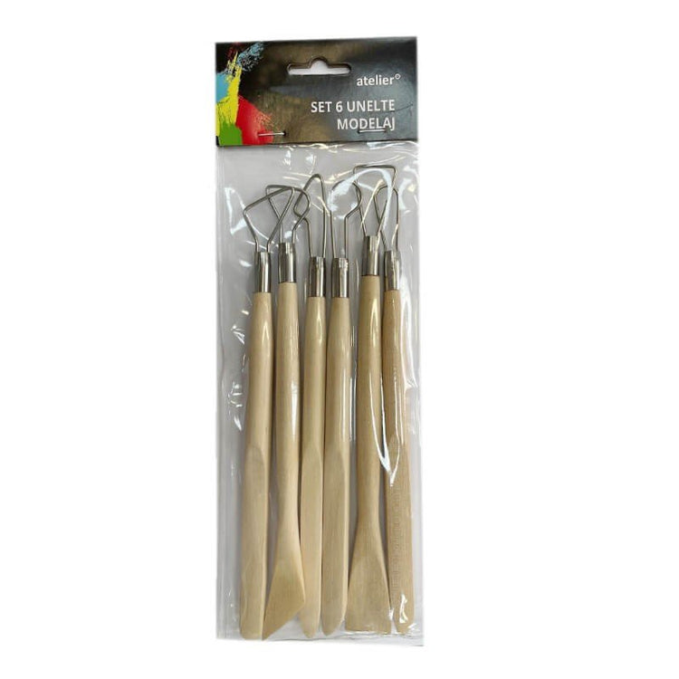 Set 6 accesorii de sculptare și modelare, ebosoare și degrosoare, Atelier, mâner lemn - Pictorul Fericit