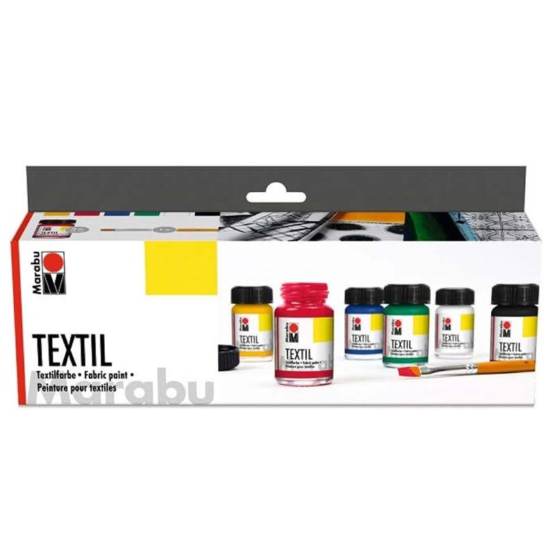 Set 6x15 ml culori textile pe bază de apă, cu pensulă inclusă, Marabu