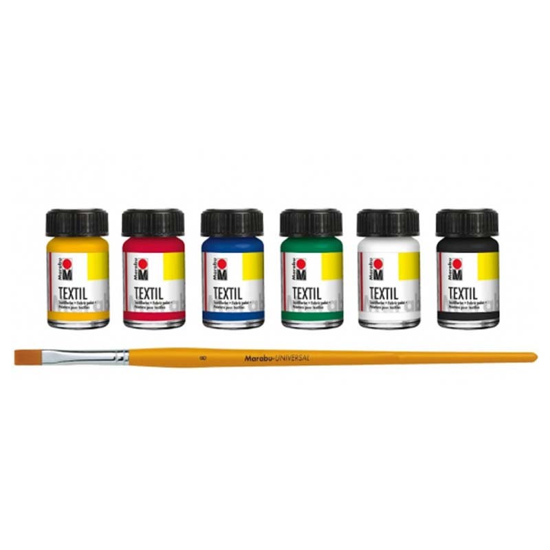 Set 6x15 ml culori textile pe bază de apă, cu pensulă inclusă, Marabu