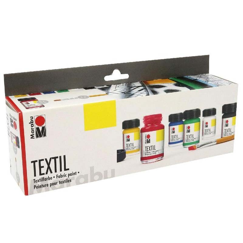 Set 6x15 ml culori textile pe bază de apă, cu pensulă inclusă, Marabu
