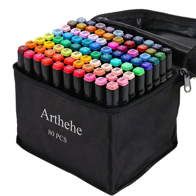 Set 80 markere permanente Arthehe, vârf dublu, uscare rapidă - Pictorul Fericit