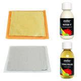 Set poleire – 100 buc foiță de aur + 100 buc foiță de argint Schlagmetal, 125 ml Mixtion, 125 ml Vernis