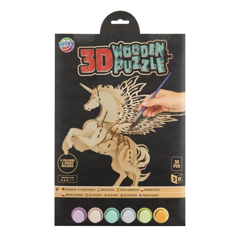 Set creativ puzzle 3D din lemn, asamblează și pictează unicornul, 7+, Grafix - Pictorul Fericit