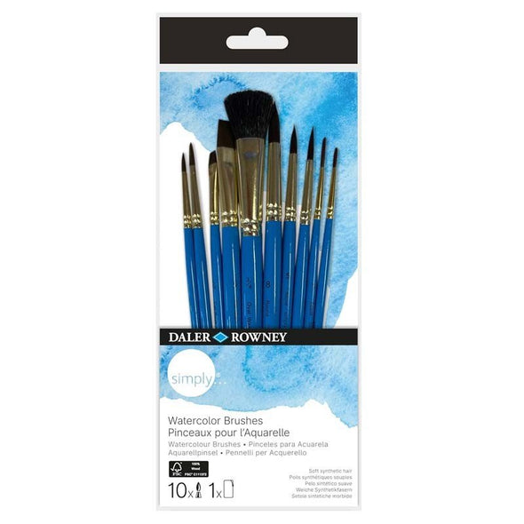 Set de 10 pensule acuarelă, eco friendly, fir sintetic soft, Simply Daler Rowney - Pictorul Fericit