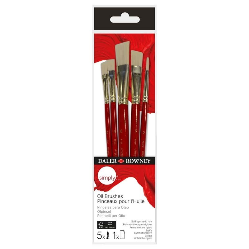 Set de 5 pensule ulei, fibră sintetică rigidă, husă inclusă, Simply Daler Rowney - Pictorul Fericit
