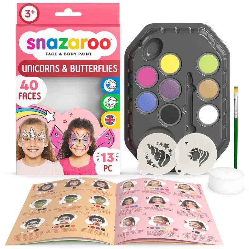 Set de pictură pentru față Snazaroo, pentru fete, model unicorn și fluture, 3 ani+ - Pictorul Fericit