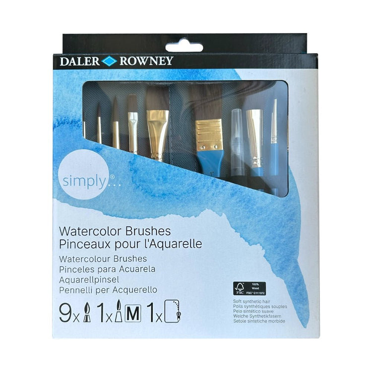 Trusă 10 accesorii – 9 pensule + 1 water brush – fir sintetic, penar inclus, Simply Daler Rowney - Pictorul Fericit