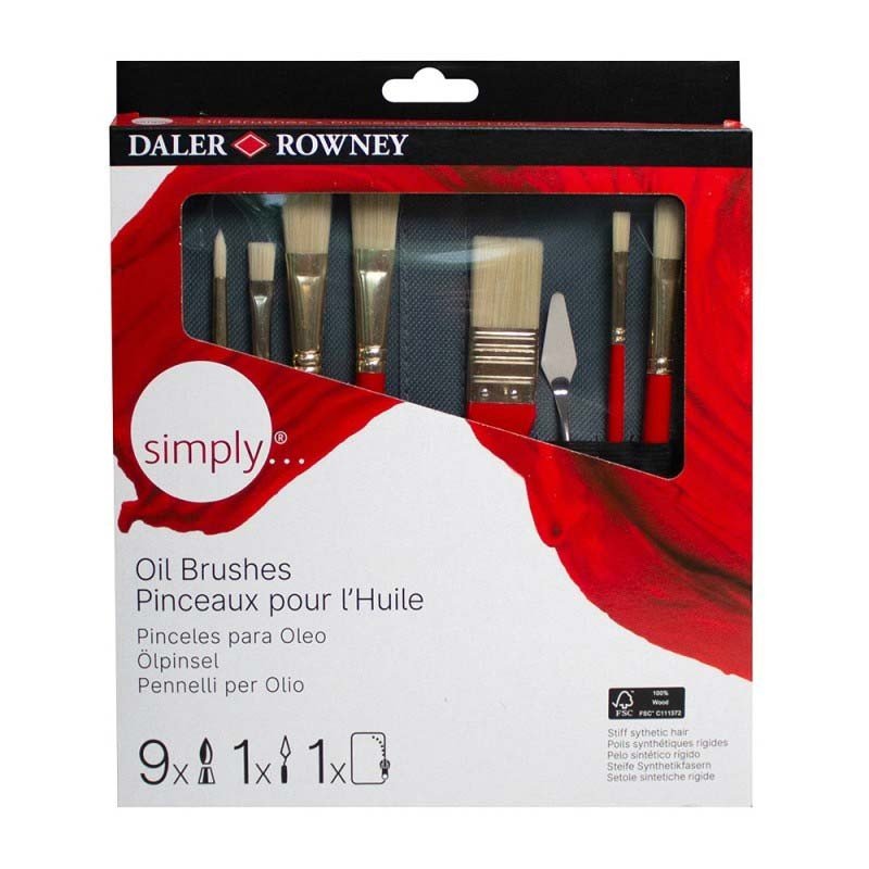 Trusă de 10 accesorii pentru pictură (pensule+cuțit), etui inclus, Oil Simply Daler Rowney - Pictorul Fericit