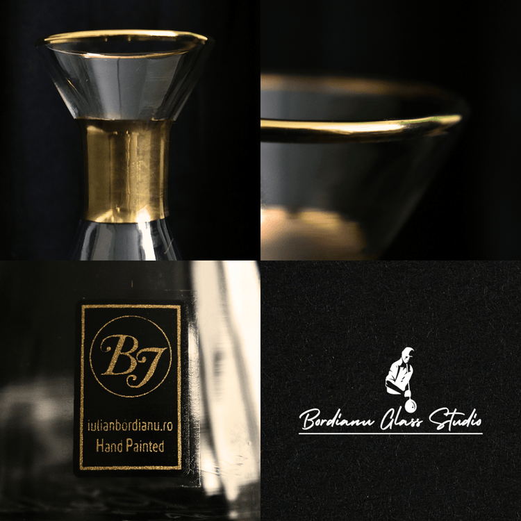 Vază decorativă de lux, din sticlă transparentă, lucrată manual, inserții gold - ediție limitată - Pictorul Fericit