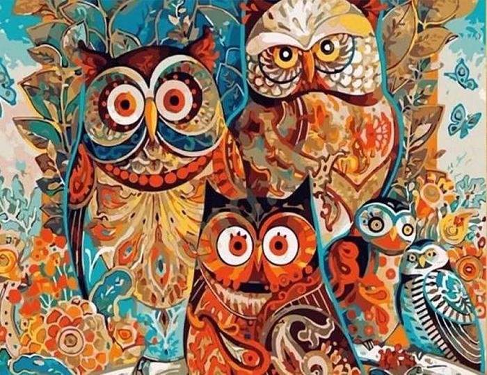 Curious owls - Pictură pe numere - Pictorul Fericit