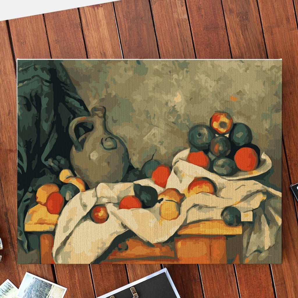 Fruits on table (Still life with jug and drapery)- Pictură pe numere - Pictorul Fericit