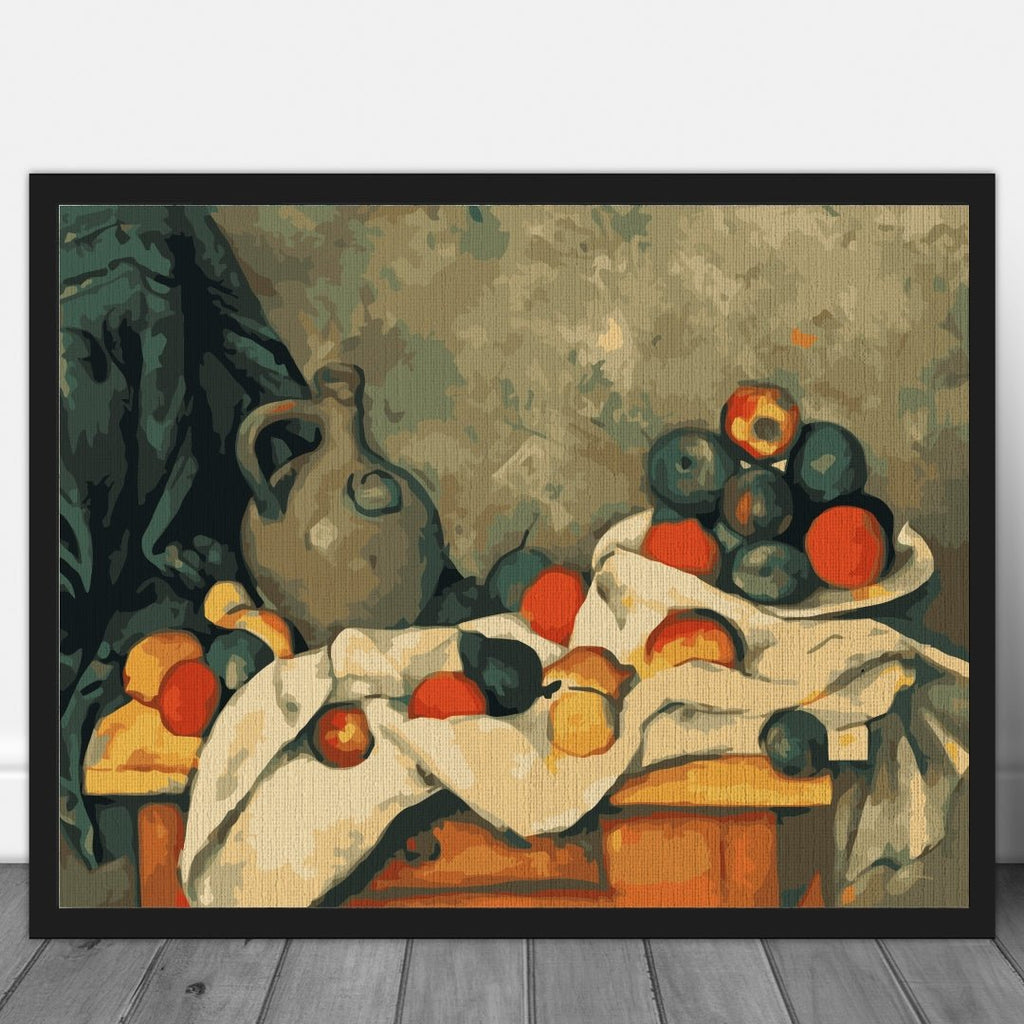 Fruits on table (Still life with jug and drapery)- Pictură pe numere - Pictorul Fericit