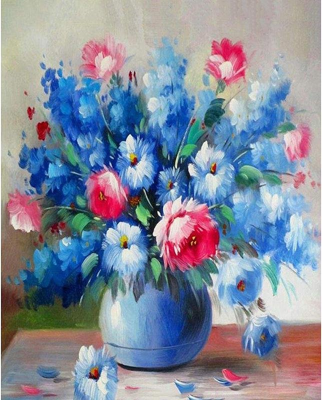 Intense Blue Flowers - Pictură pe numere - Pictorul Fericit