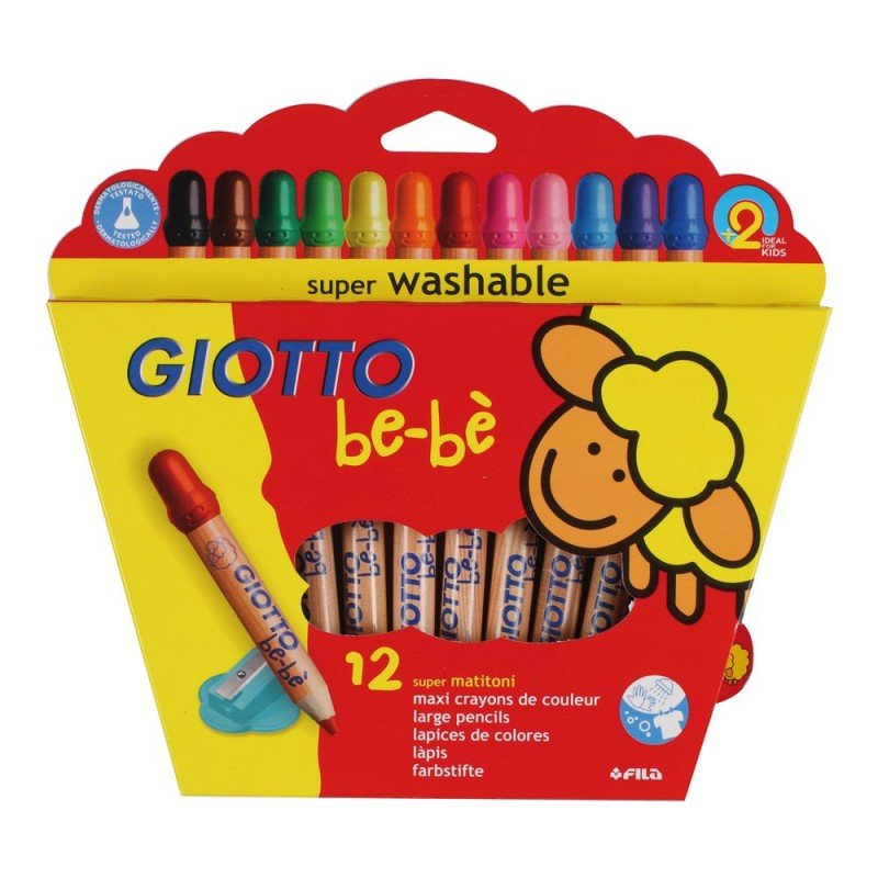 Set 12 Creioane Colorate Pentru Copii, Lavabile, Netoxice, Ascutitoare Inclusa Giotto Be-be