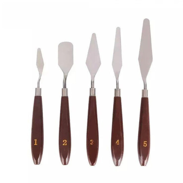 Set 5 cuțite / spatule pentru pictură vopsea, ulei sau acrilic, mâner lemn, numerotate, Pictorul Fericit - Pictorul Fericit
