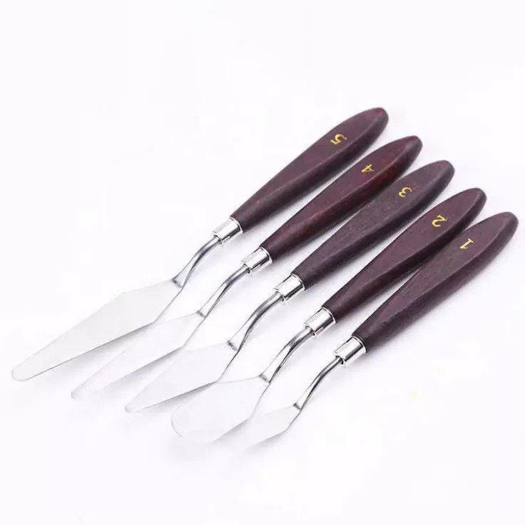Set 5 cuțite / spatule pentru pictură vopsea, ulei sau acrilic, mâner lemn, numerotate, Pictorul Fericit - Pictorul Fericit