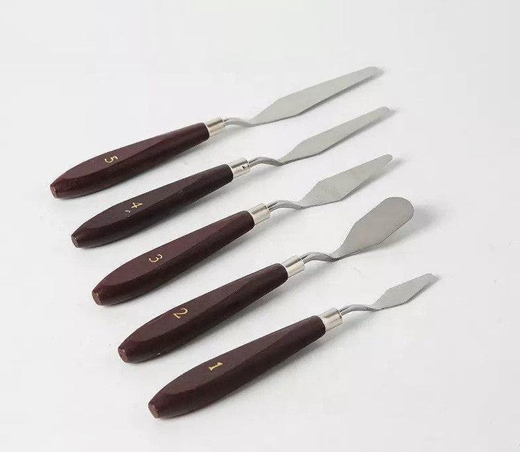Set 5 cuțite / spatule pentru pictură vopsea, ulei sau acrilic, mâner lemn, numerotate, Pictorul Fericit - Pictorul Fericit