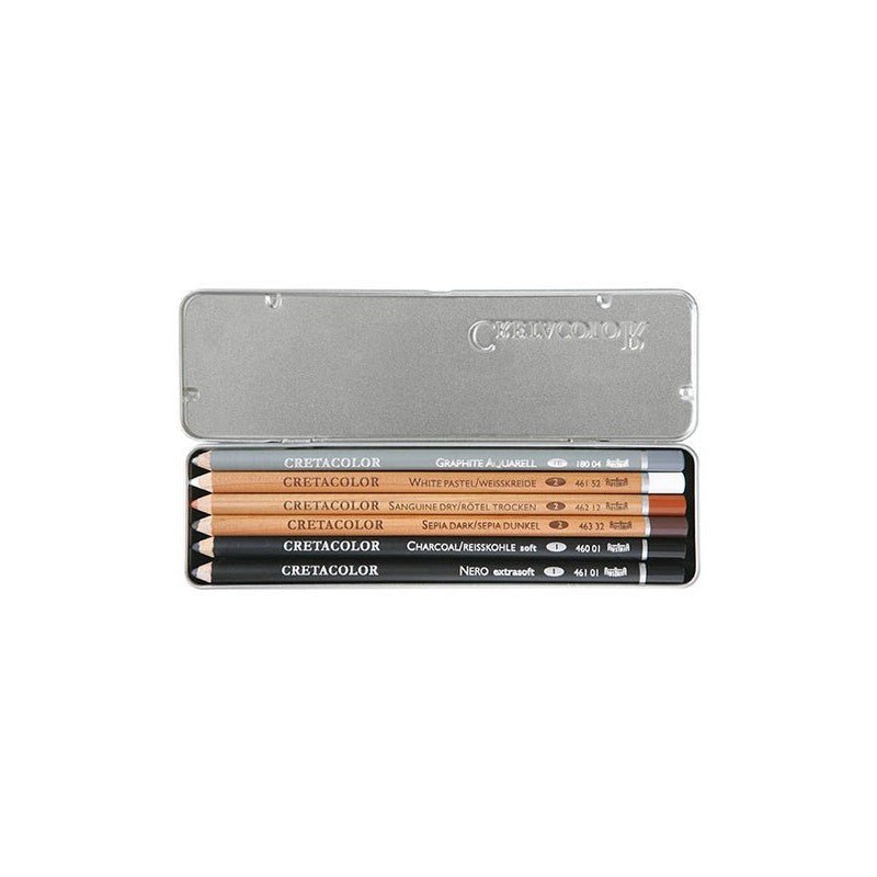 Set 6 creioane basic pentru desen, cutie metalică inclusă, Cretacolor - Pictorul Fericit