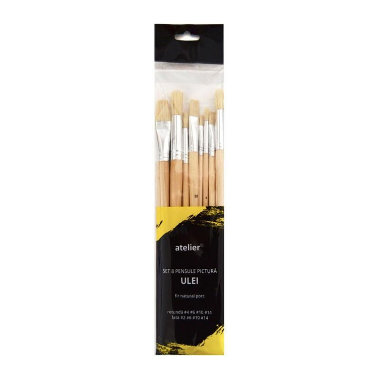 Set pensule, pictură ulei, 8 mărimi diferite, păr natural, porc, Atelier - Pictorul Fericit